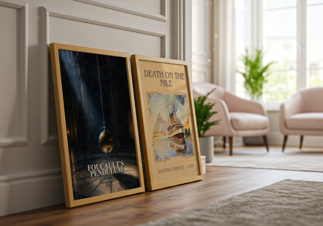 Foucault's Pendulum watercolour print framed by window – literary home decor