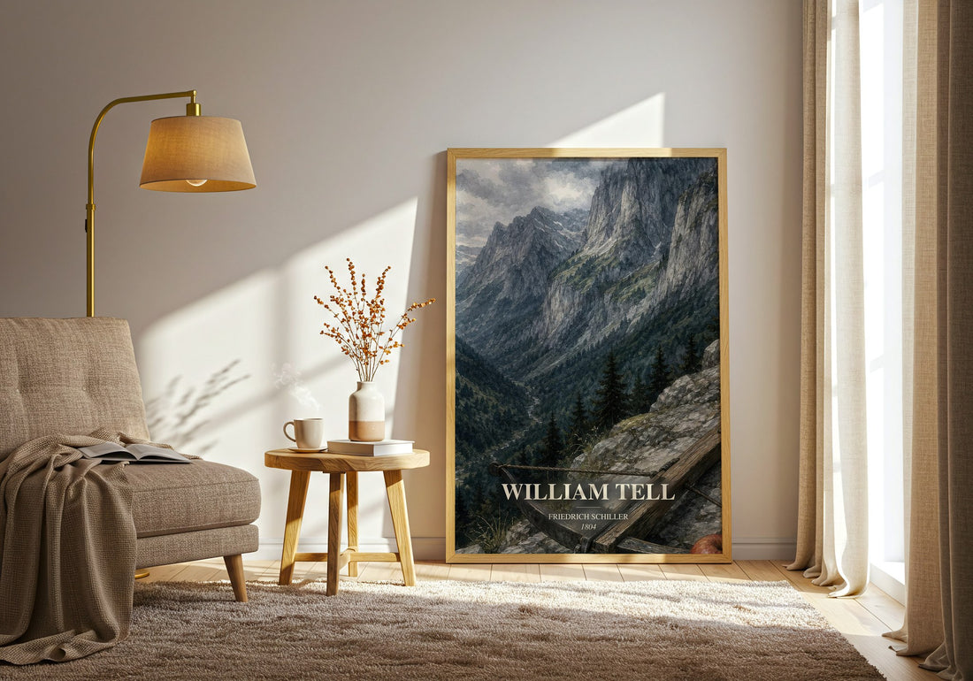 William Tell watercolour print in frame leaning in hallway – classic literature wall art