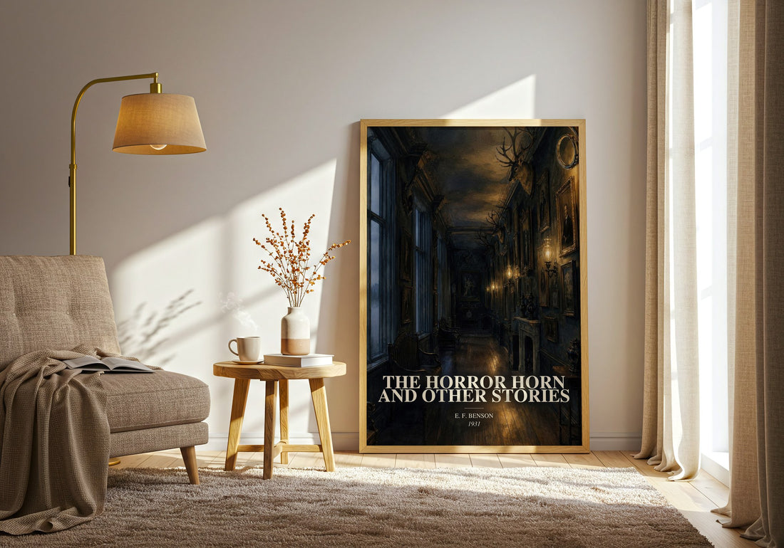The Horror Horn And Other Stories watercolour print in frame leaning in hallway – horror wall art