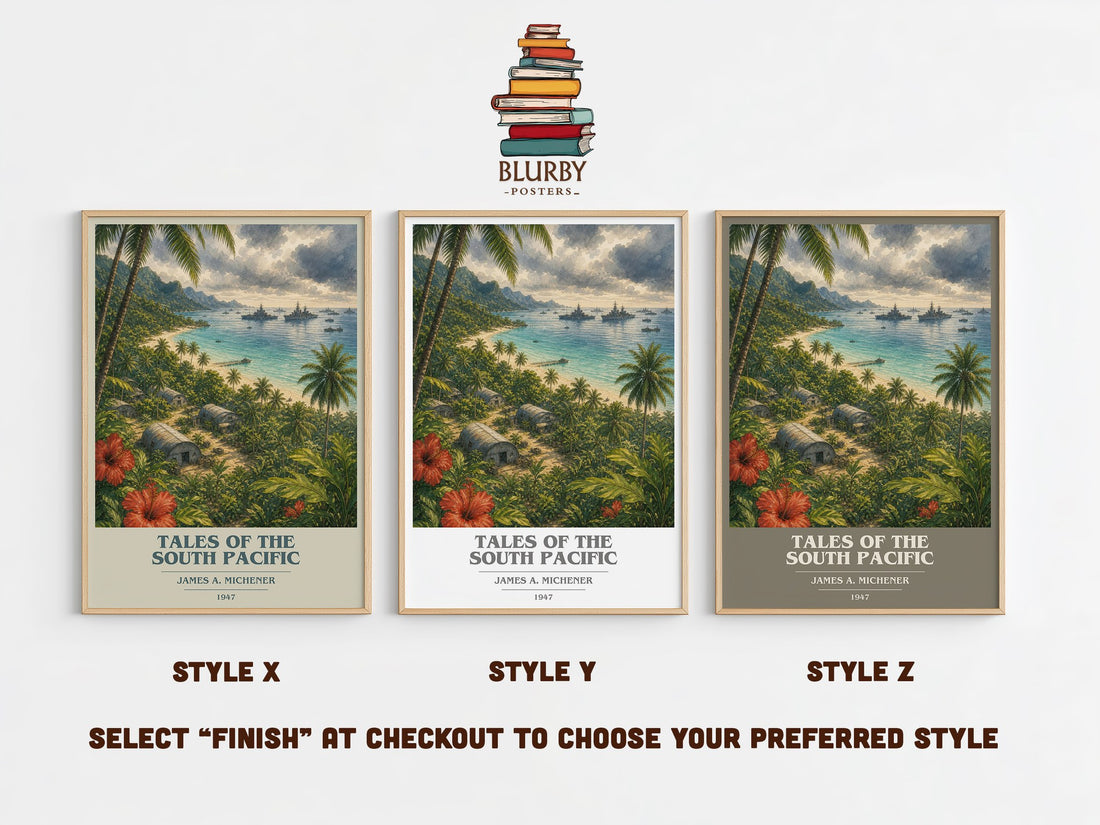 Tales of the South Pacific book cover print in frame leaning in hallway – historical fiction wall art (mockup)