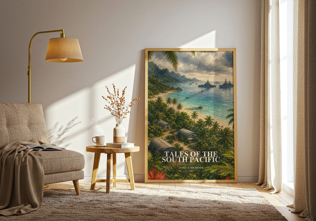 Tales of the South Pacific watercolour print in frame leaning in hallway – historical fiction wall art