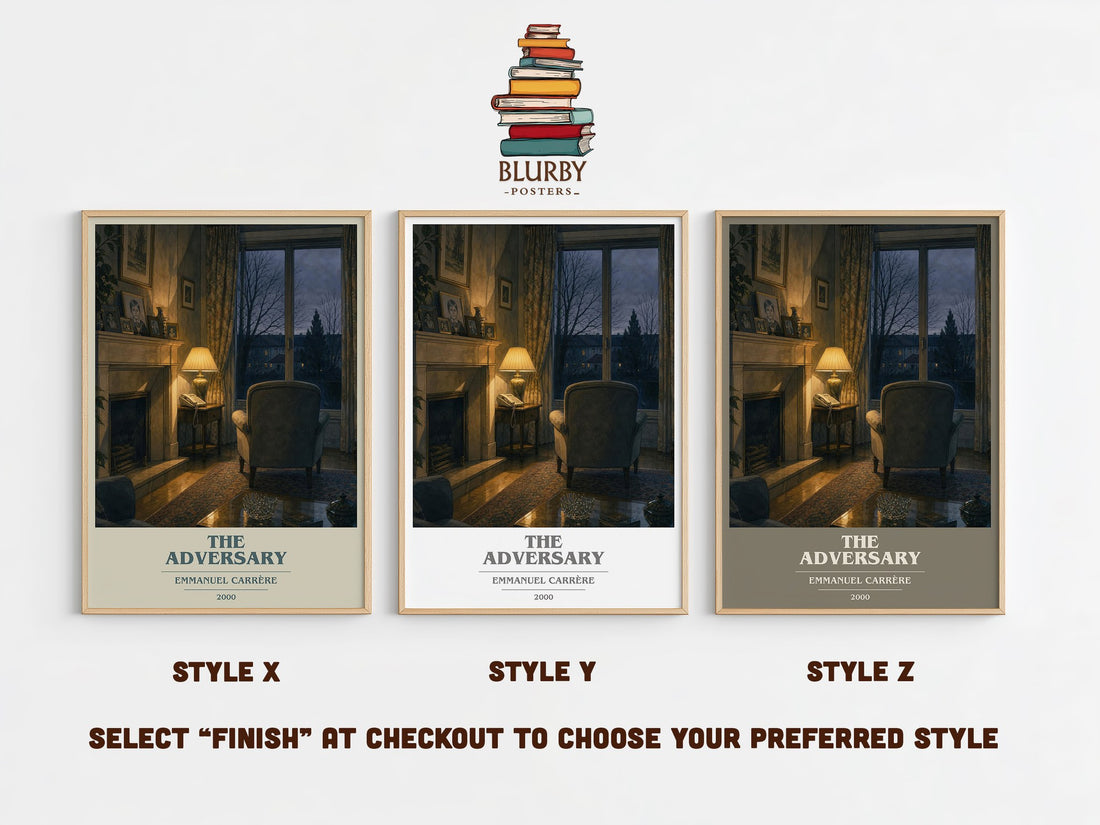 The Adversary book cover print in frame leaning in hallway – non fiction wall art (mockup)