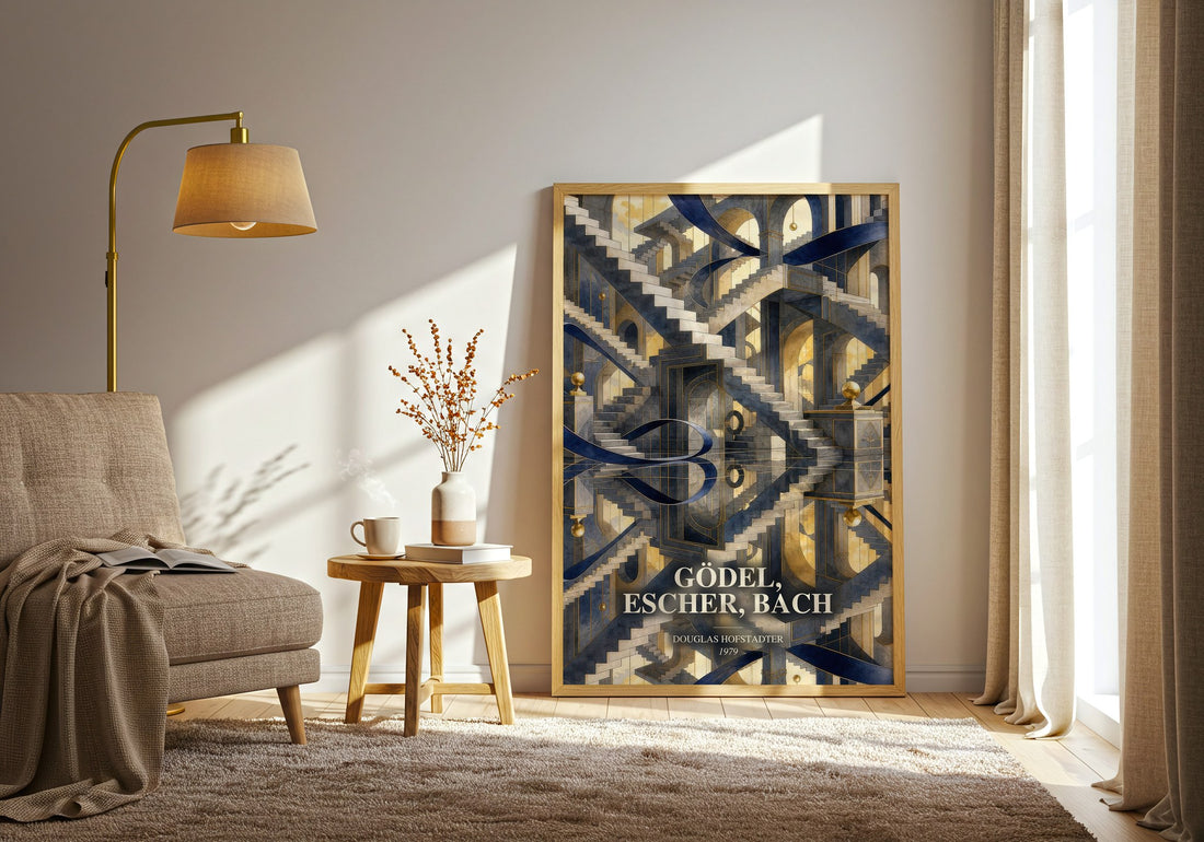 Gödel, Escher, Bach watercolour print in frame leaning in hallway – non fiction wall art