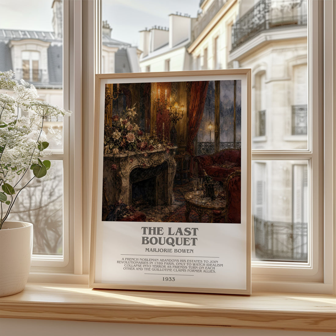 The Last Bouquet Bookish Wall Art by Marjorie Bowen – framed print by a bright window