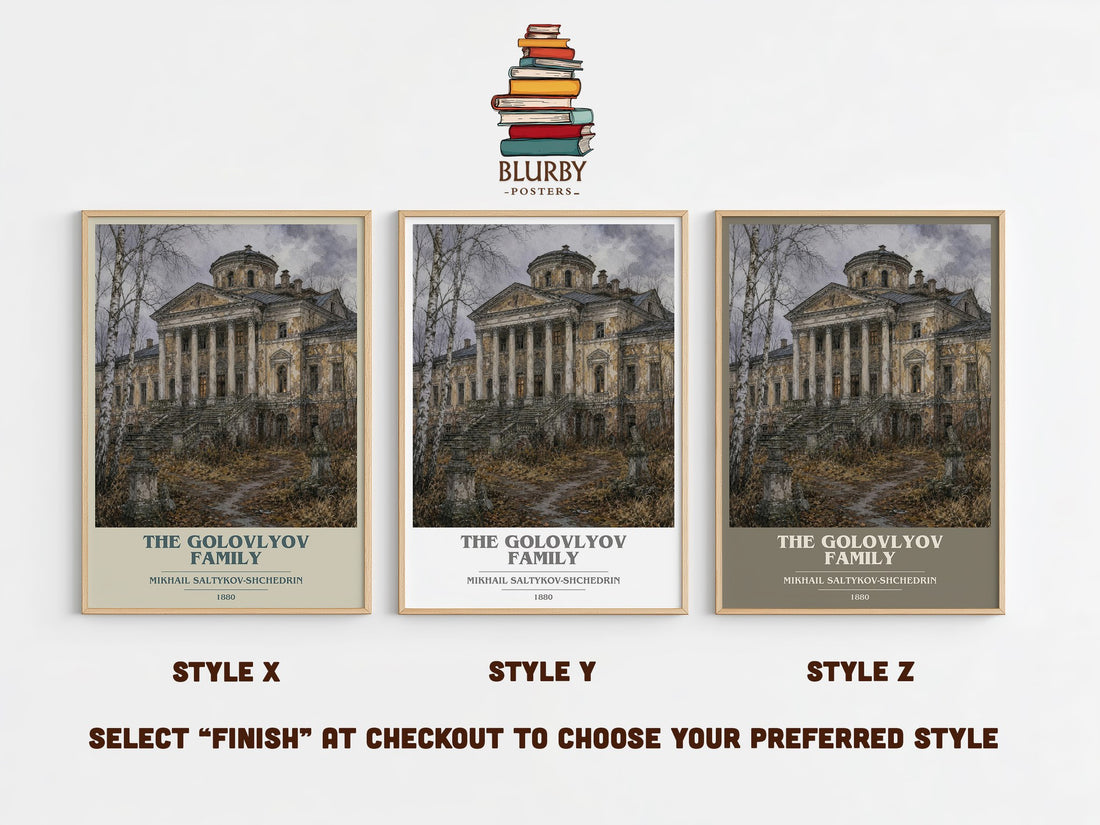 The Golovlyov Family book cover print in frame leaning in hallway – satire wall art (mockup)