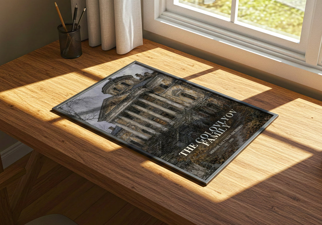 The Golovlyov Family watercolour book poster framed on wall – satire wall art