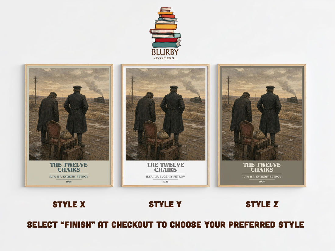 The Twelve Chairs book cover print in frame leaning in hallway – satire wall art (mockup)