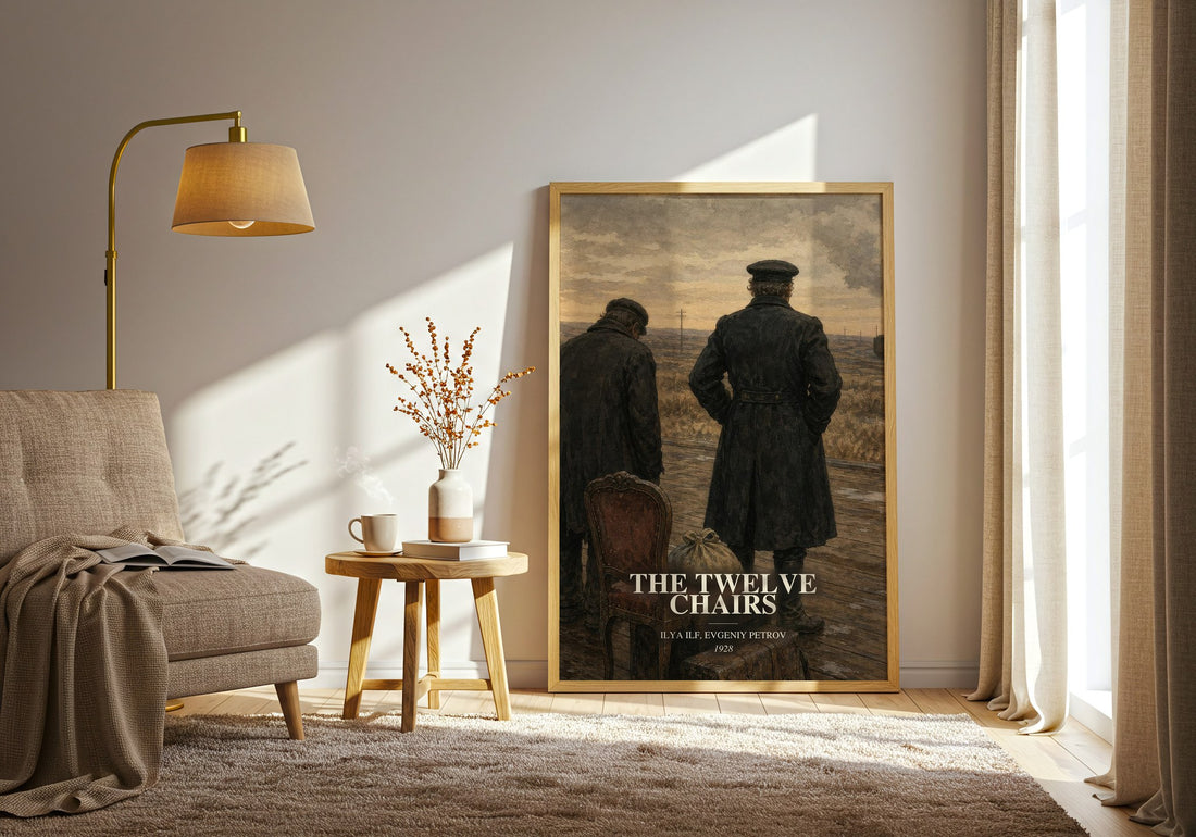 The Twelve Chairs watercolour print in frame leaning in hallway – satire wall art