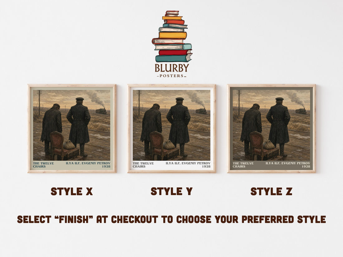 The Twelve Chairs literary print in frame leaning in hallway – satire wall art (mockup)