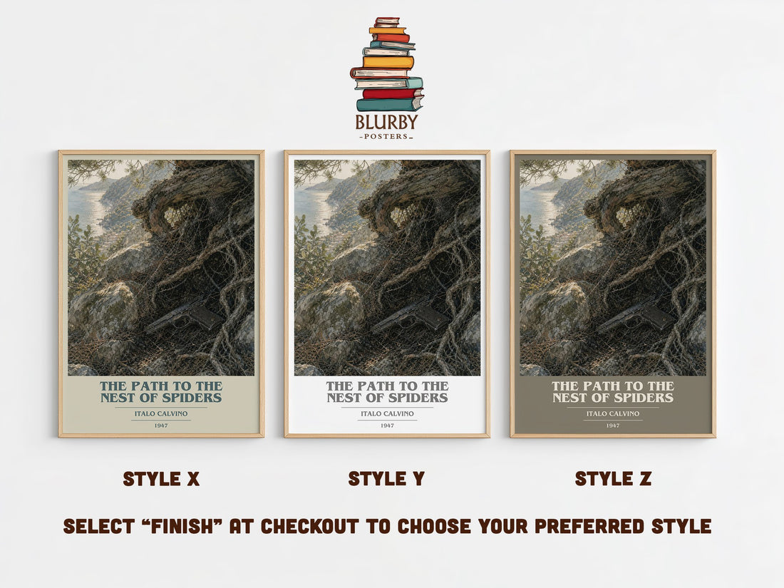 The Path to the Nest of Spiders book cover print in frame leaning in hallway – coming of age wall art (mockup)