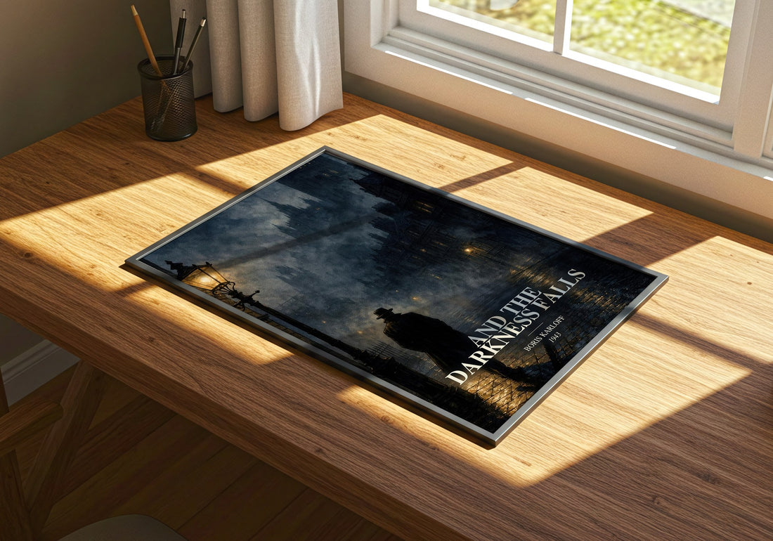 And The Darkness Falls watercolour book poster framed on wall – horror wall art