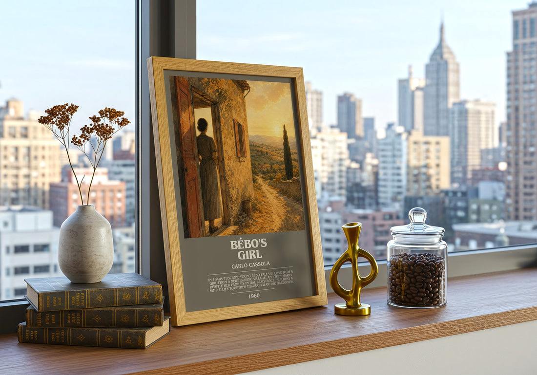 Bébo's Girl Bookish Wall Art by Carlo Cassola – framed print on a city-view windowsill