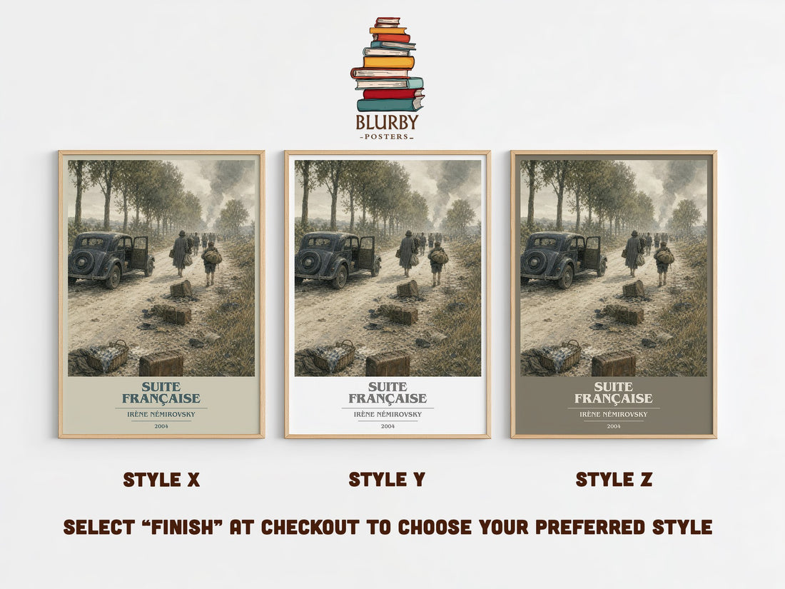 Suite Française book cover print in frame leaning in hallway – historical fiction wall art (mockup)