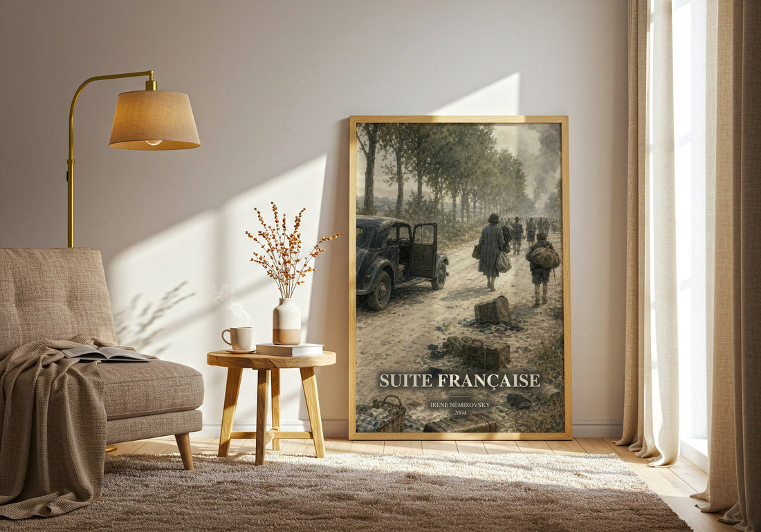 Suite Française watercolour print in frame leaning in hallway – historical fiction wall art