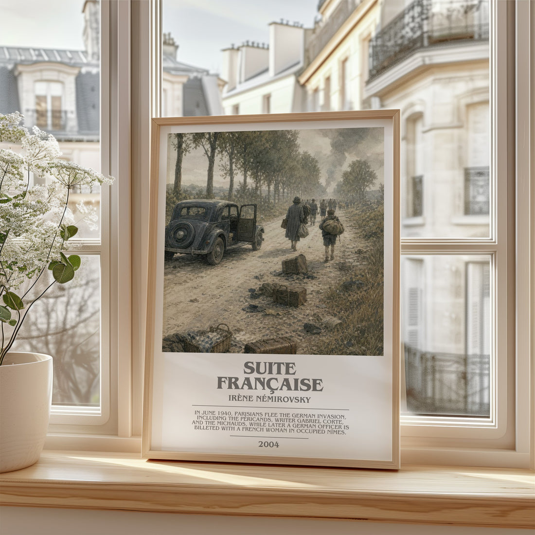 Suite Française Bookish Wall Art by Irène Némirovsky – framed print by a bright window