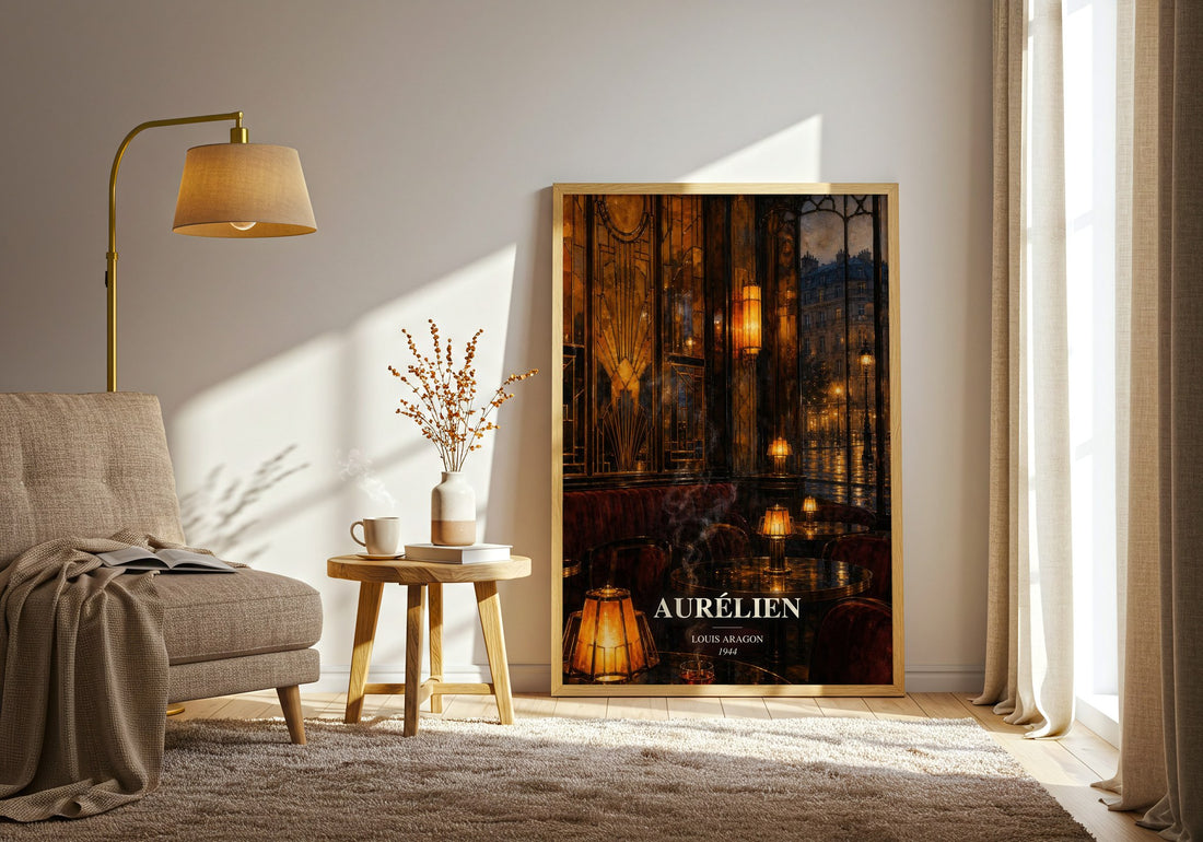 Aurélien watercolour print in frame leaning in hallway – literary fiction wall art