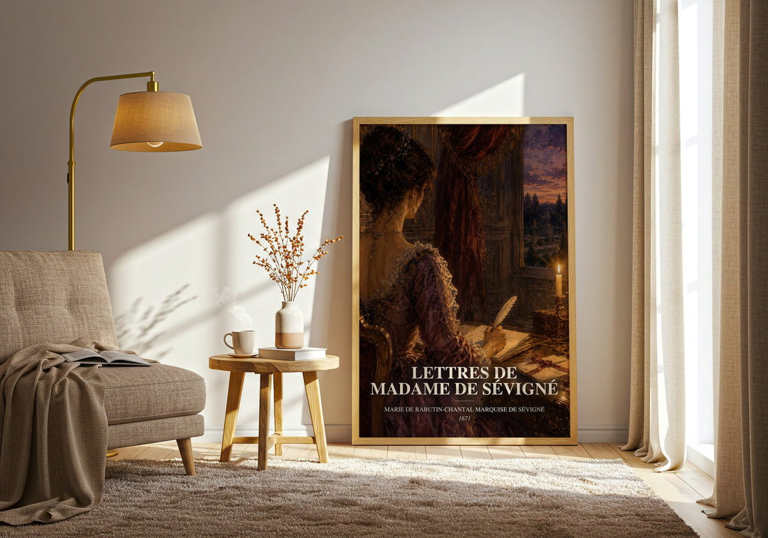 Lettres de madame de Sévigné watercolour print in frame leaning in hallway – classic literature wall art