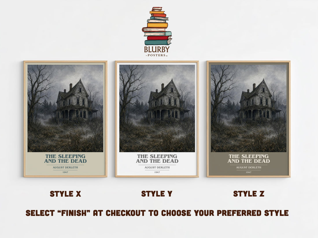 The Sleeping And The Dead book cover print in frame leaning in hallway – literary fiction wall art (mockup)