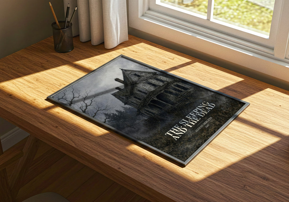 The Sleeping And The Dead watercolour book poster framed on wall – literary fiction wall art