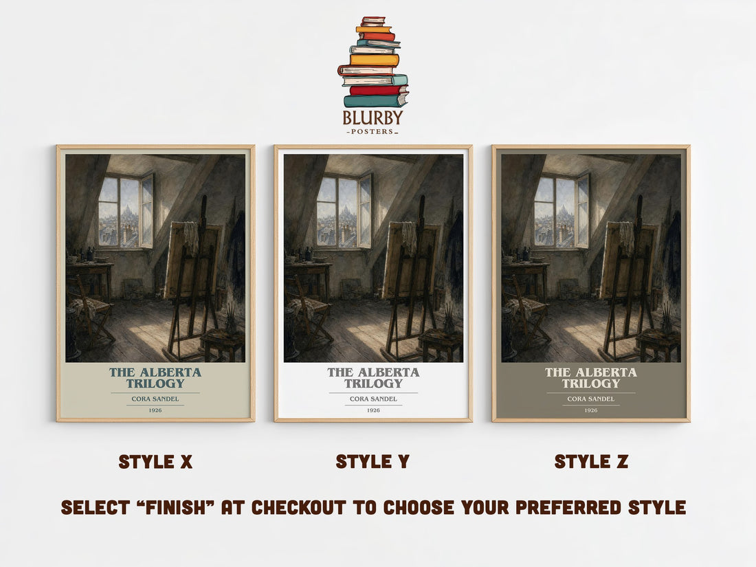 The Alberta Trilogy book cover print in frame leaning in hallway – literary fiction wall art (mockup)