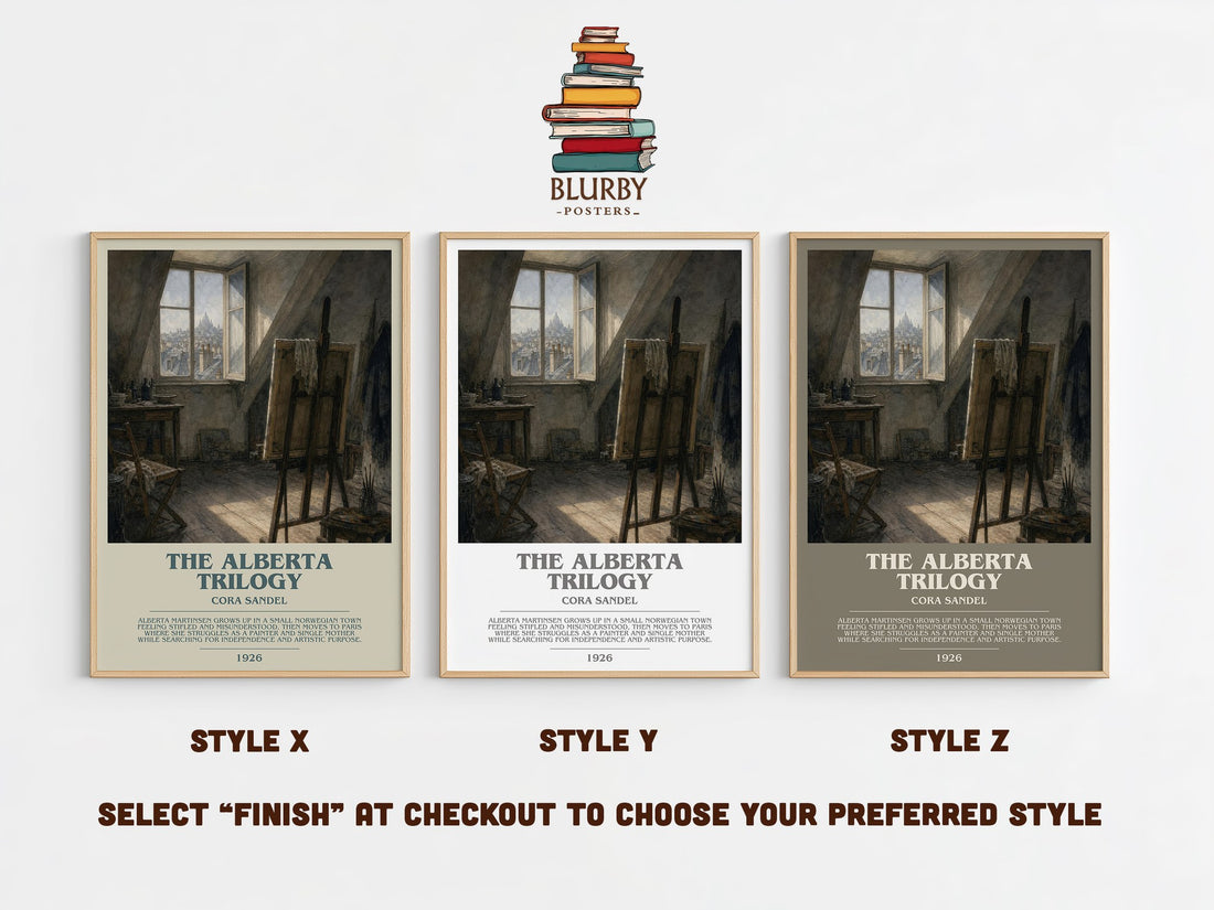 The Alberta Trilogy Bookish Wall Art by Cora Sandel – Style X, Y and Z side by side – choose your finish