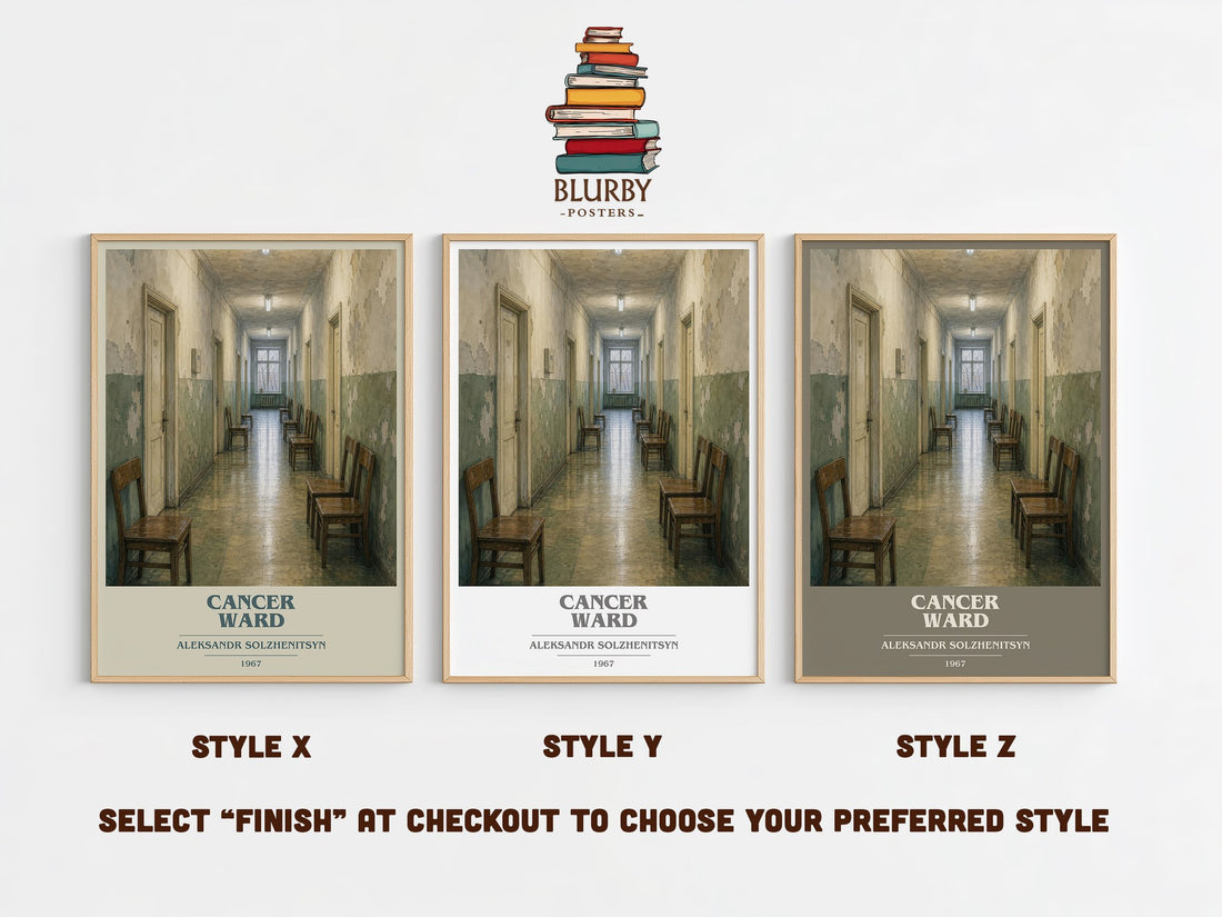 Cancer Ward book cover print in frame leaning in hallway – literary fiction wall art (mockup)