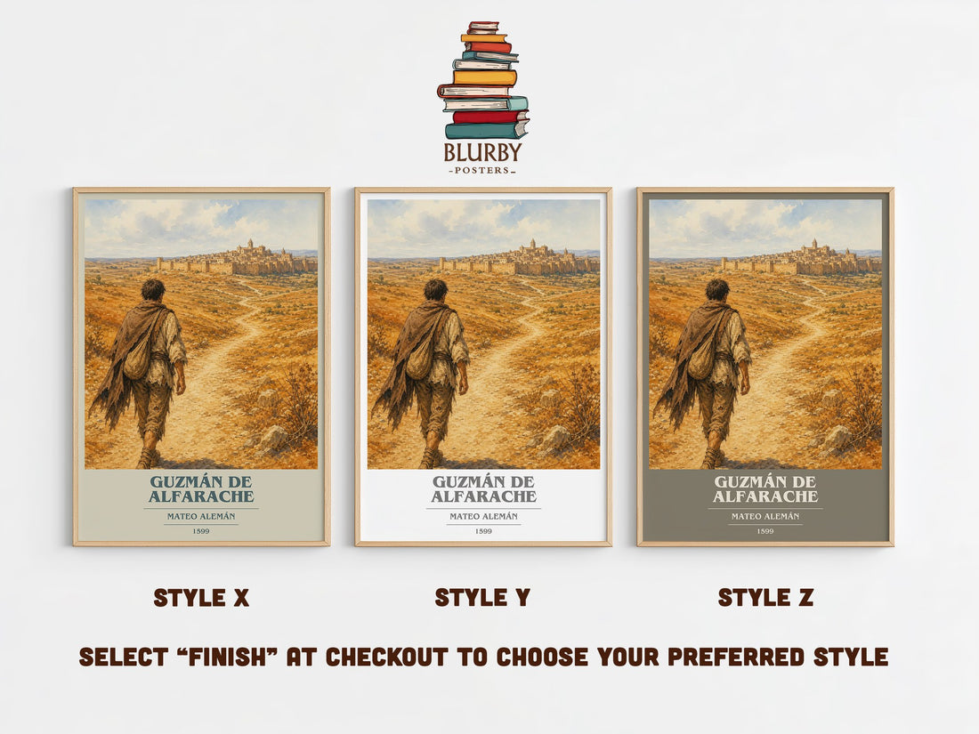 Guzmán de Alfarache book cover print in frame leaning in hallway – classic literature wall art (mockup)