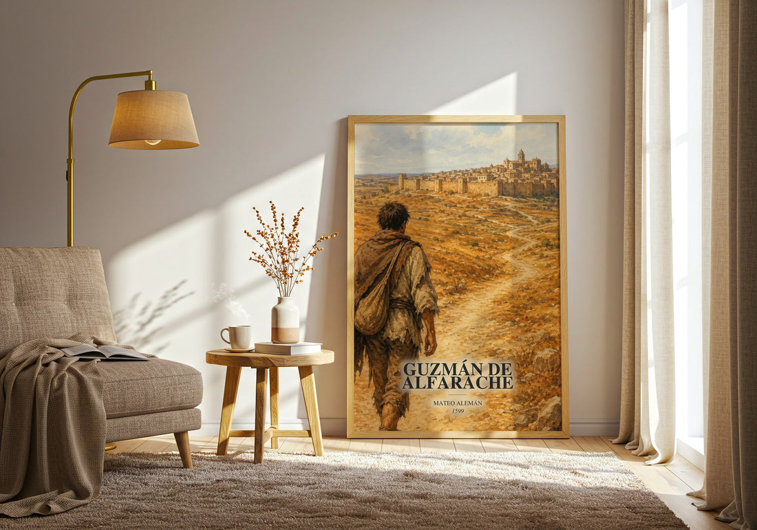 Guzmán de Alfarache watercolour print in frame leaning in hallway – classic literature wall art