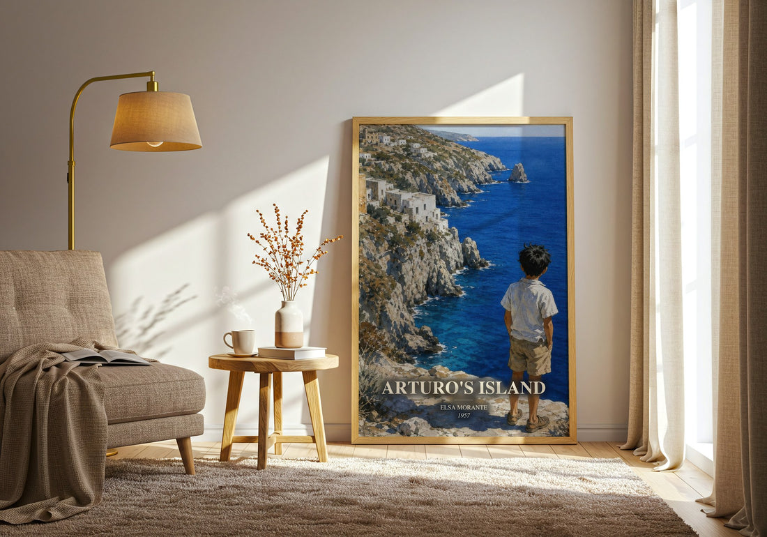 Arturo's Island watercolour print in frame leaning in hallway – coming of age wall art
