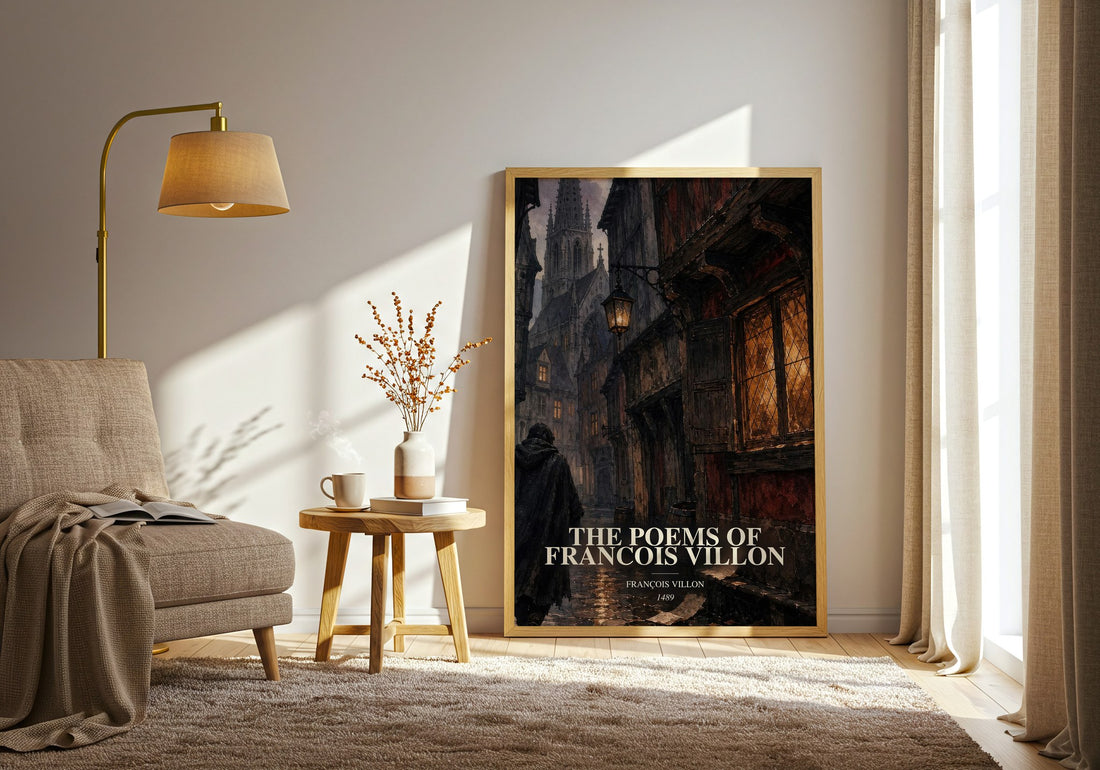 The Poems of Francois Villon watercolour print in frame leaning in hallway – poetry wall art