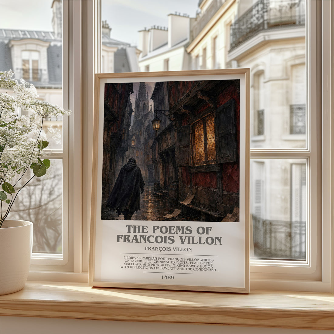The Poems of Francois Villon Bookish Wall Art by François Villon – framed print by a bright window