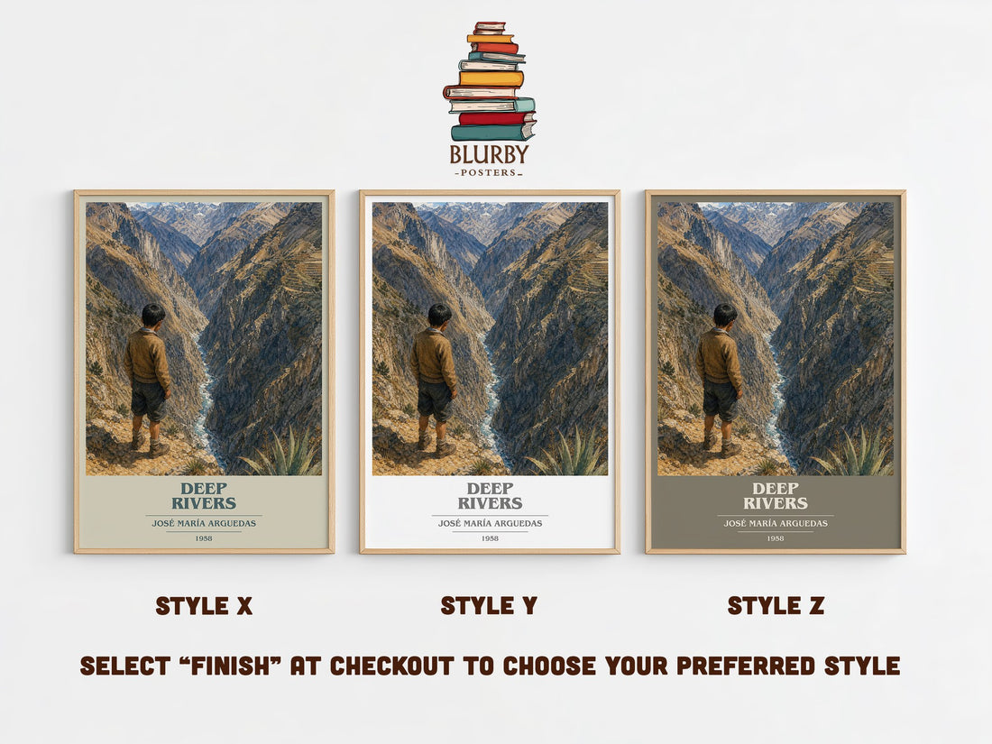 Deep Rivers book cover print in frame leaning in hallway – literary fiction wall art (mockup)