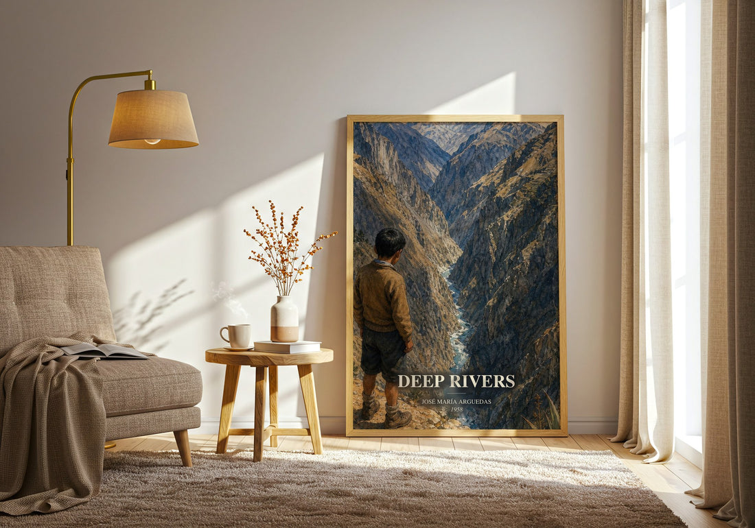 Deep Rivers watercolour print in frame leaning in hallway – literary fiction wall art