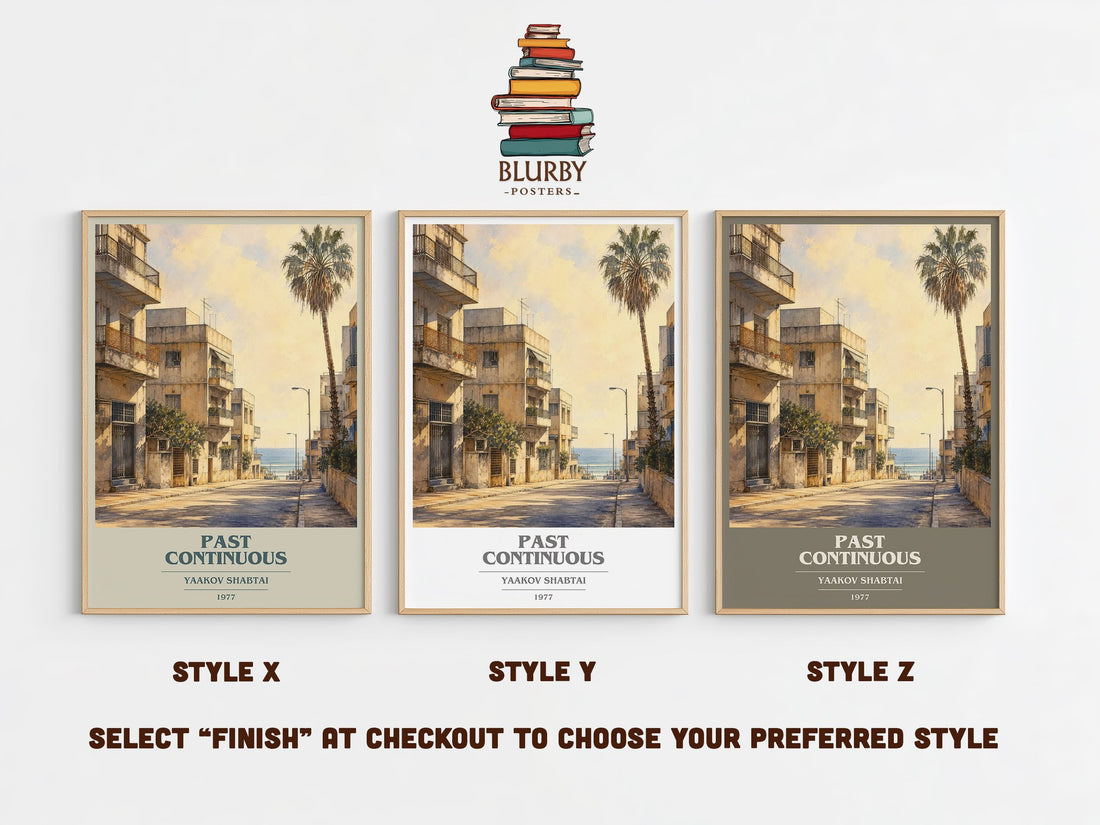 Past Continuous book cover print in frame leaning in hallway – literary fiction wall art (mockup)