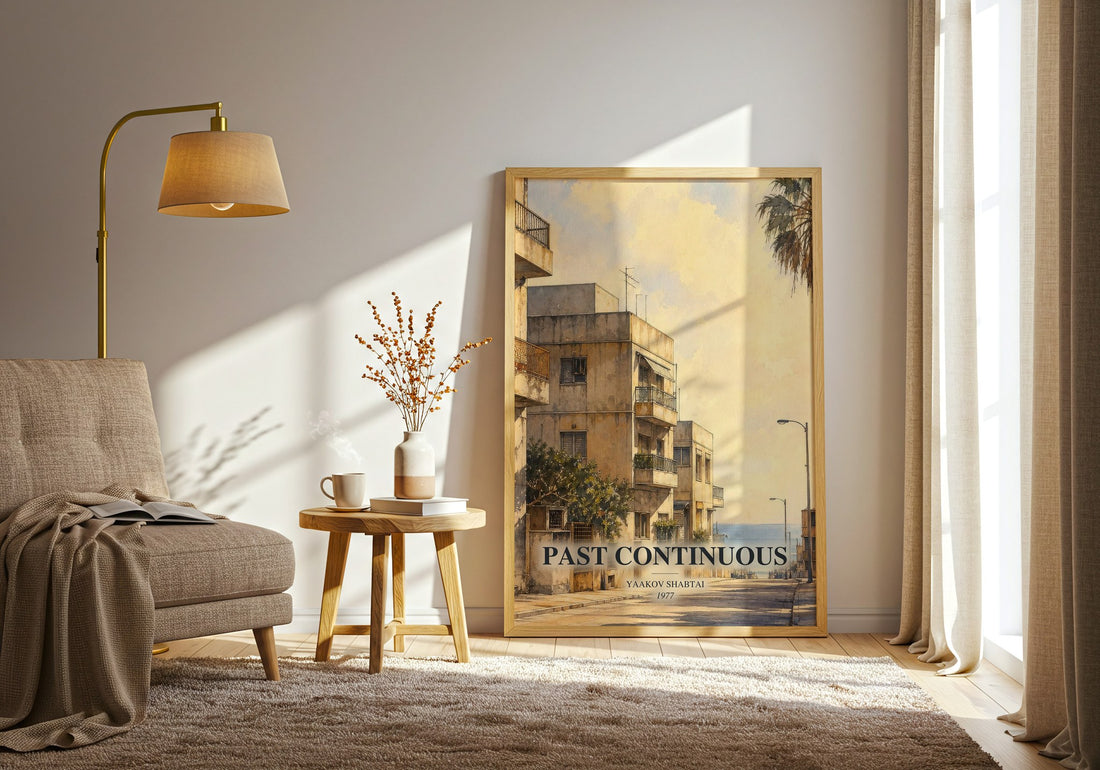 Past Continuous watercolour print in frame leaning in hallway – literary fiction wall art