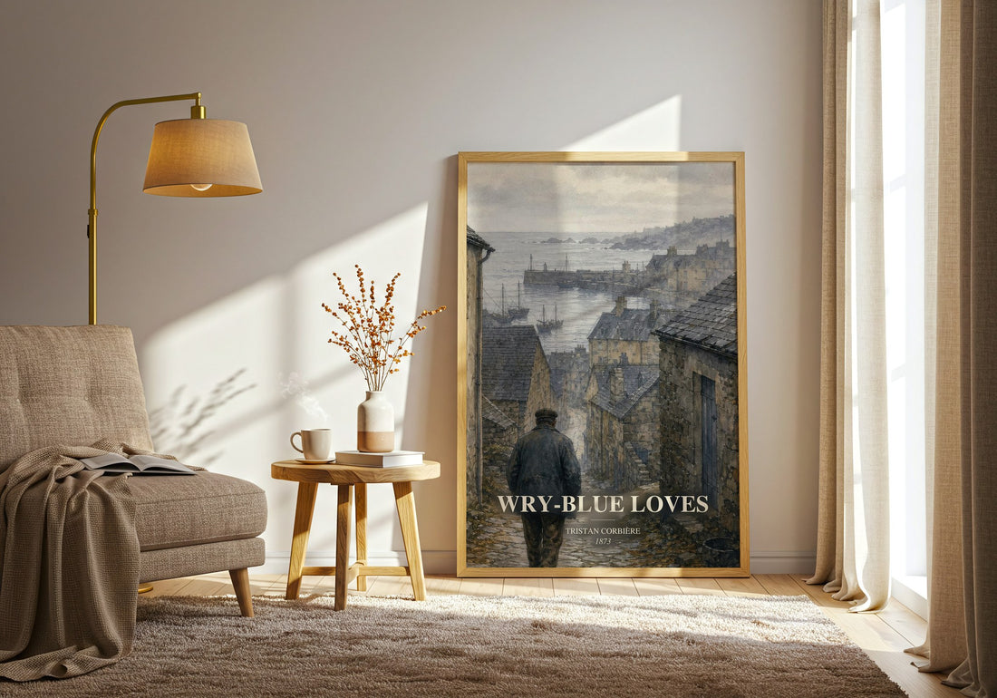 Wry-Blue Loves watercolour print in frame leaning in hallway – poetry wall art