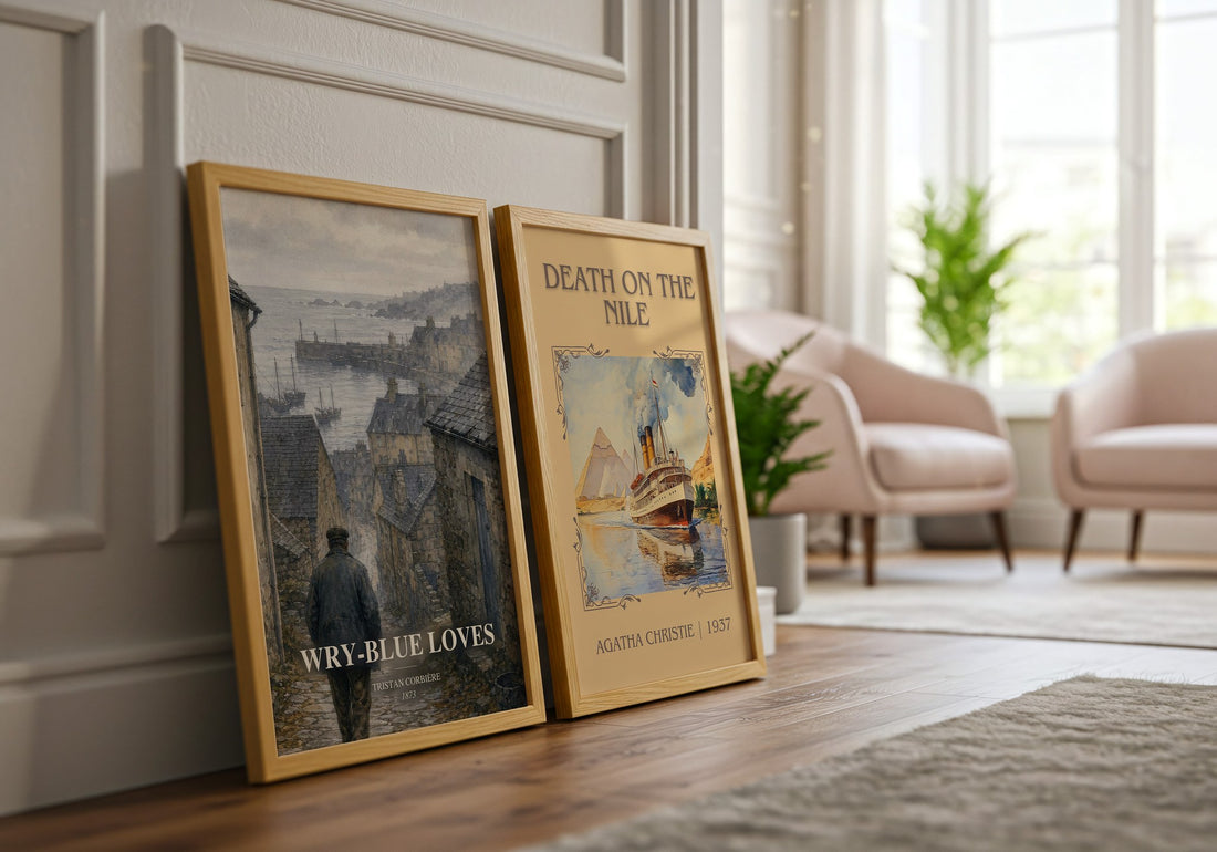 Wry-Blue Loves watercolour print framed by window – literary home decor