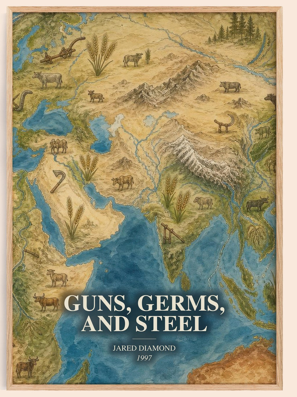 Guns, Germs, and Steel watercolour book poster by Jared Diamond – framed literary art print