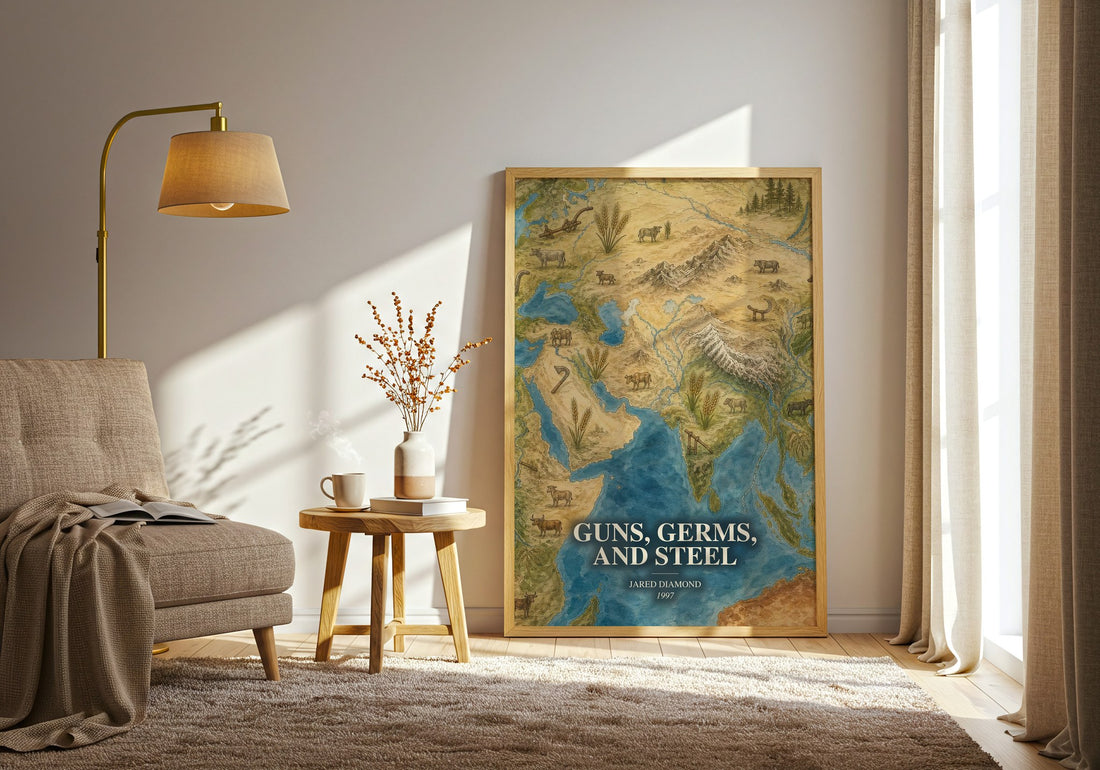 Guns, Germs, and Steel watercolour print in frame leaning in hallway – non fiction wall art