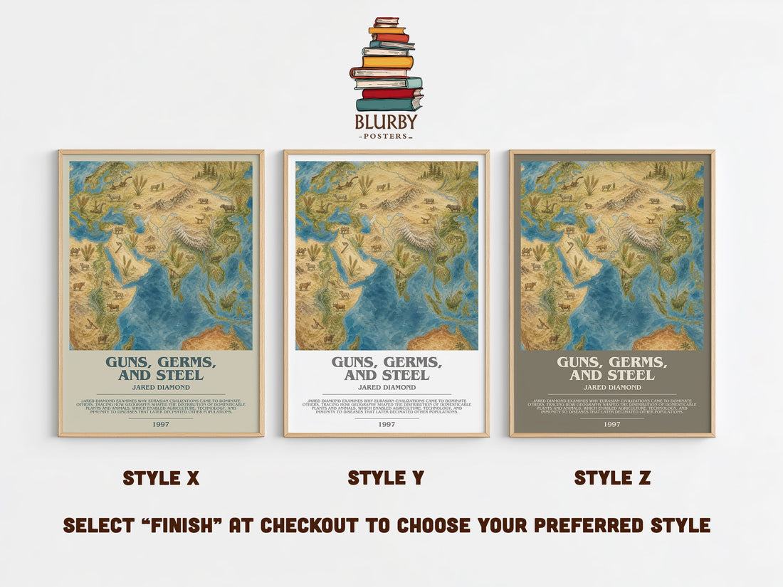 Guns, Germs, and Steel Bookish Wall Art by Jared Diamond – Style X, Y and Z side by side – choose your finish