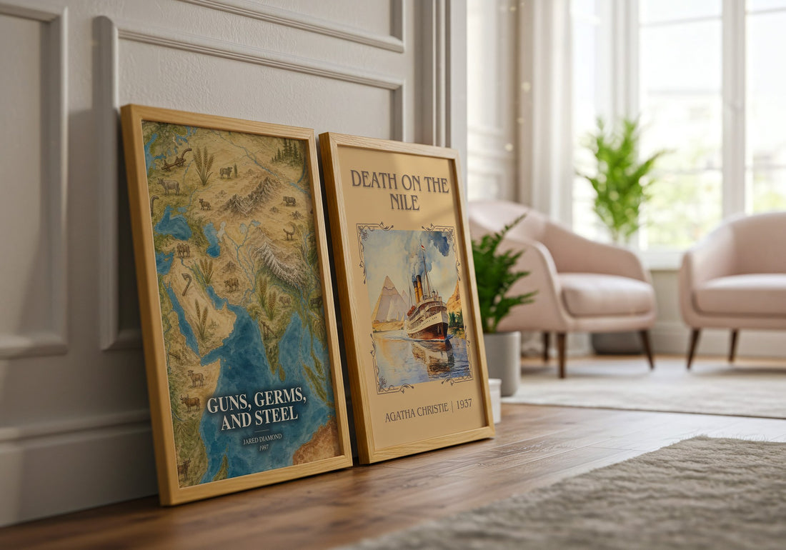 Guns, Germs, and Steel watercolour print framed by window – literary home decor