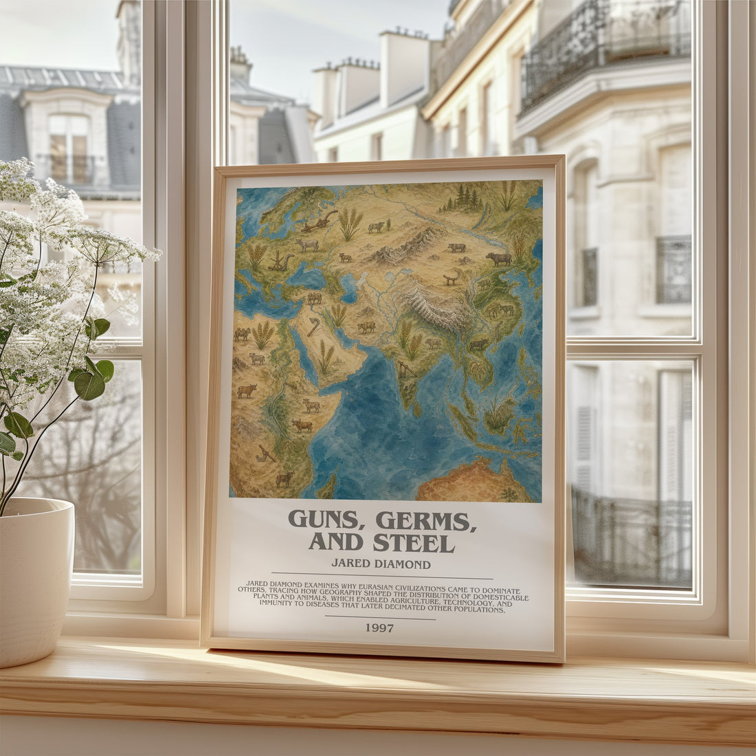 Guns, Germs, and Steel Bookish Wall Art by Jared Diamond – framed print by a bright window