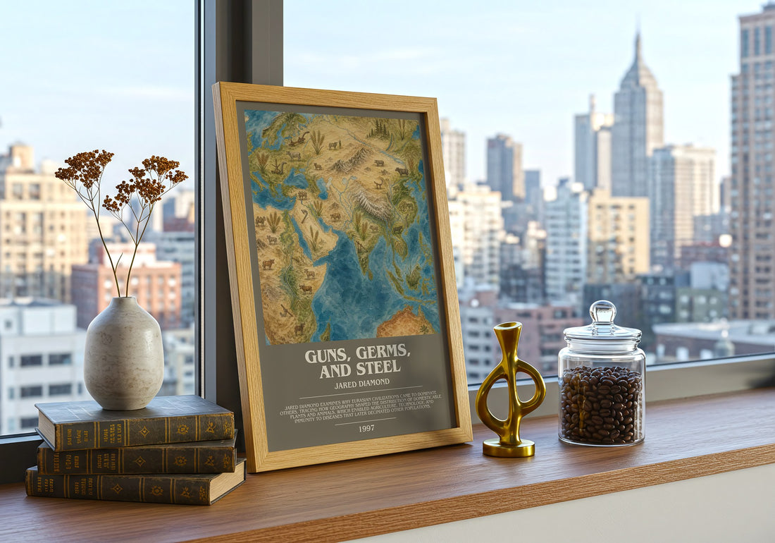 Guns, Germs, and Steel Bookish Wall Art by Jared Diamond – framed print on a city-view windowsill