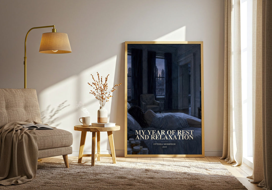 My Year of Rest and Relaxation watercolour print in frame leaning in hallway – contemporary fiction wall art