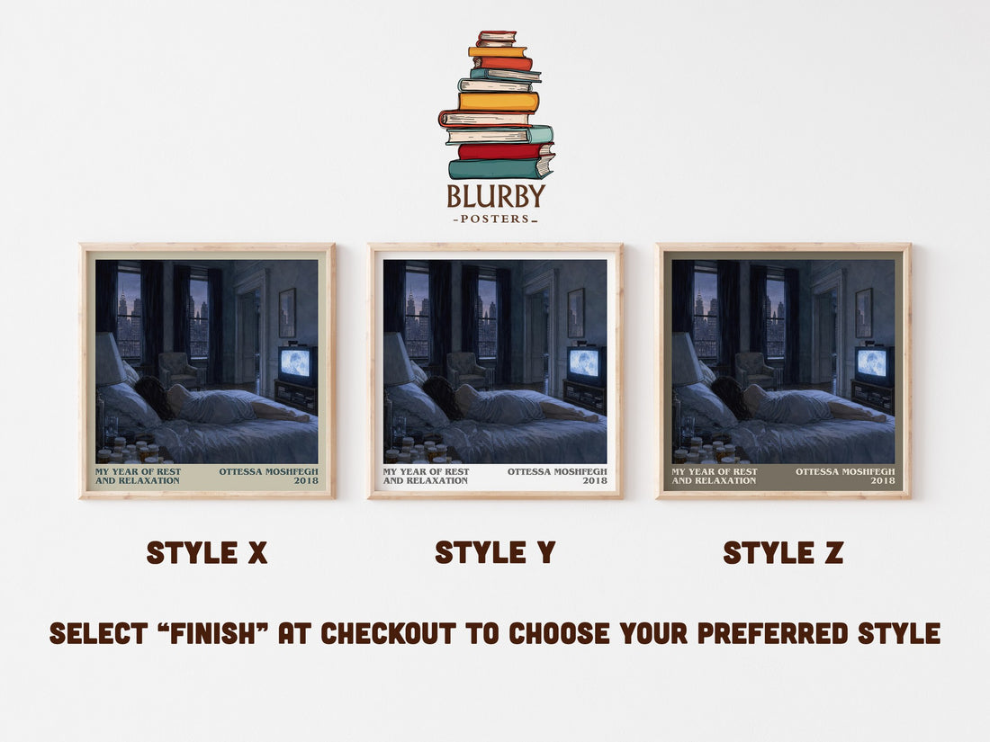 My Year of Rest and Relaxation literary print in frame leaning in hallway – contemporary fiction wall art (mockup)