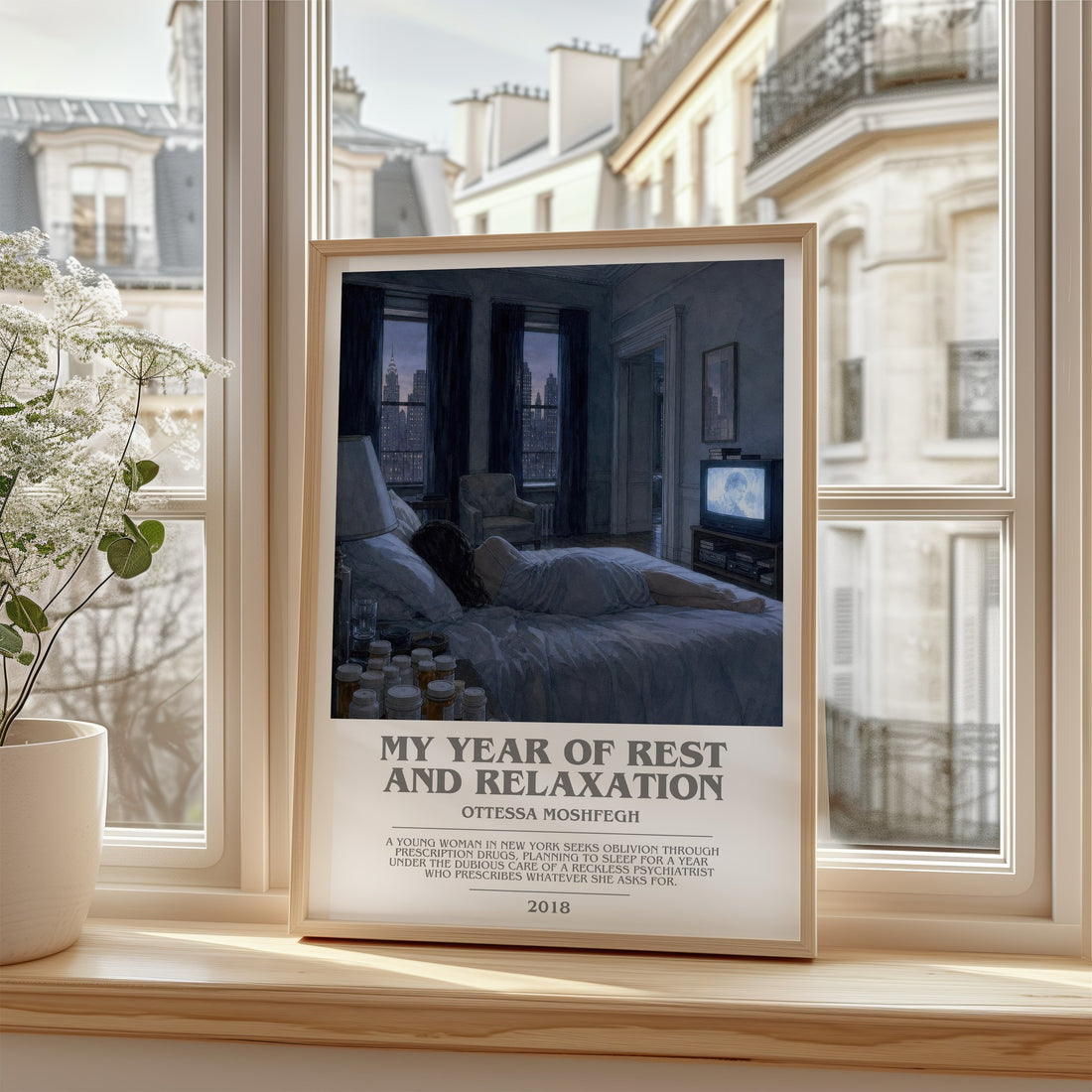 My Year of Rest and Relaxation Bookish Wall Art by Ottessa Moshfegh – framed print by a bright window