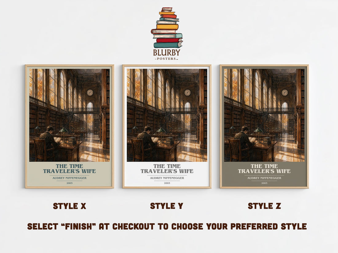 The Time Traveler's Wife book cover print in frame leaning in hallway – contemporary fiction wall art (mockup)