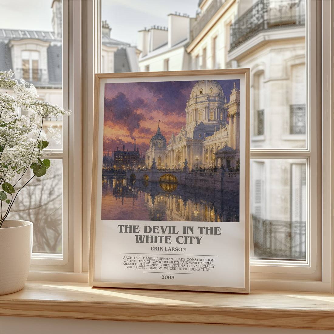 The Devil In The White City Bookish Wall Art by Erik Larson – framed print by a bright window