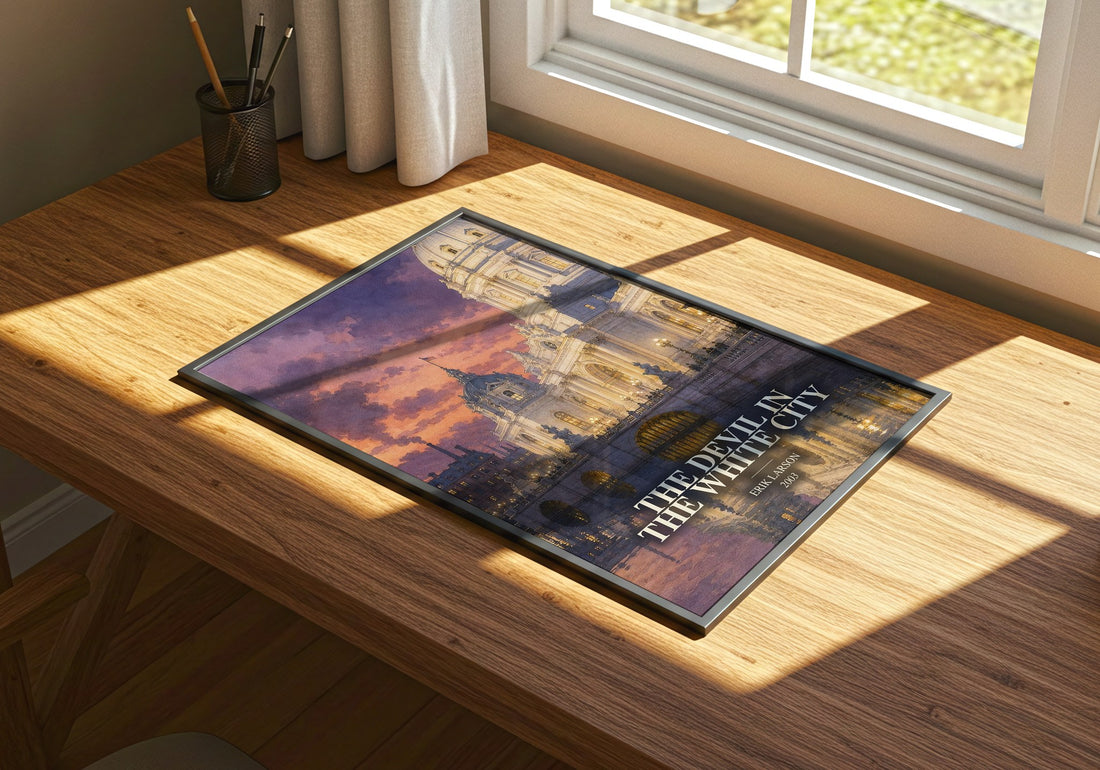 The Devil In The White City watercolour book poster framed on wall – non fiction wall art