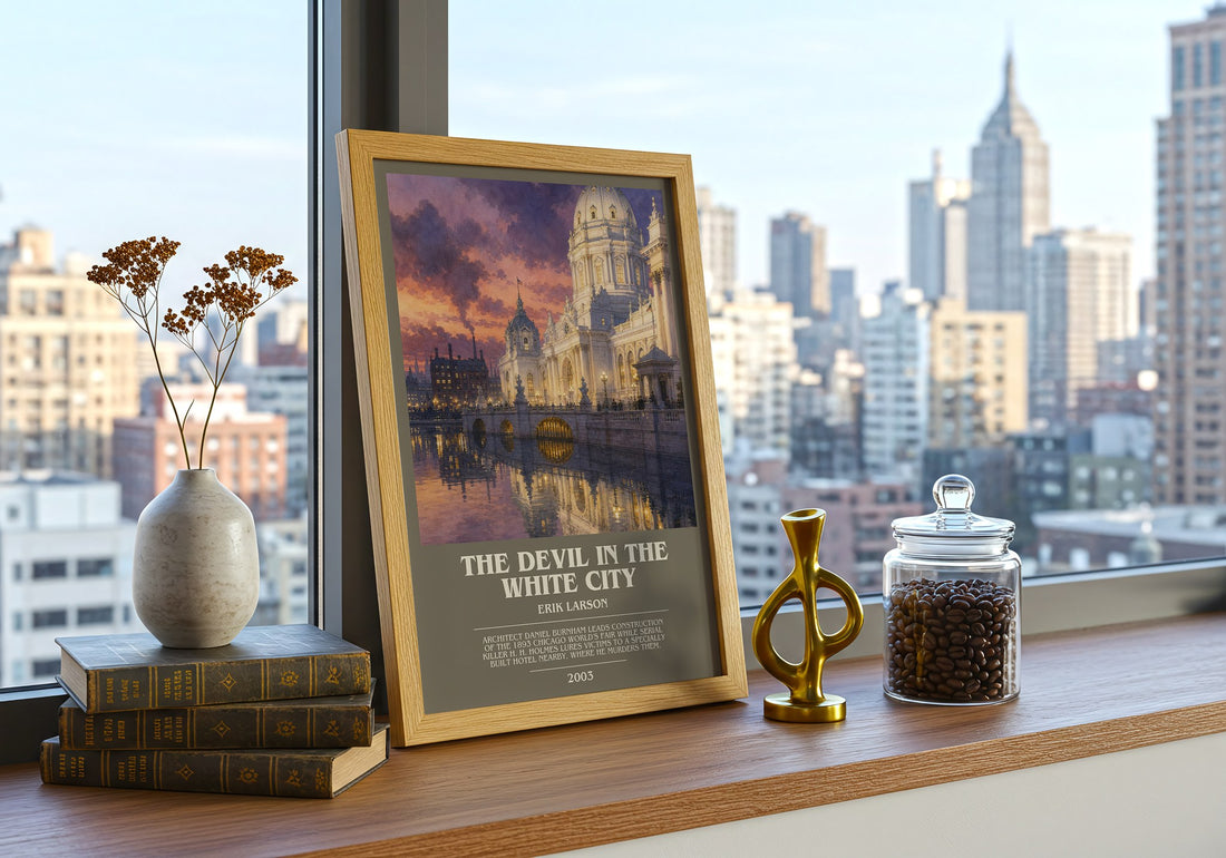 The Devil In The White City Bookish Wall Art by Erik Larson – framed print on a city-view windowsill